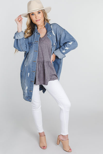 Long Distressed Denim Jacket