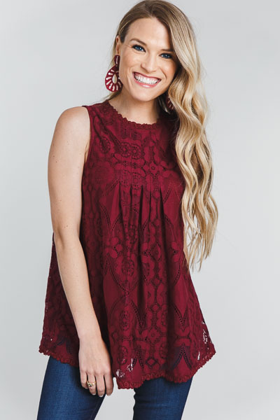 Laced in Pleats Top, Burgundy