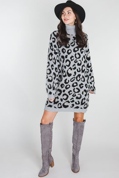 Grey Leopard Sweater Dress