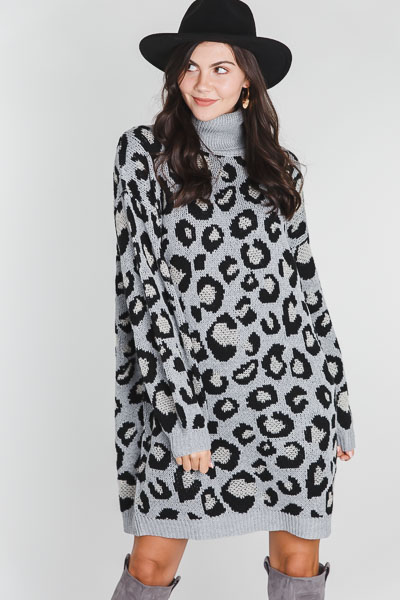 Grey Leopard Sweater Dress