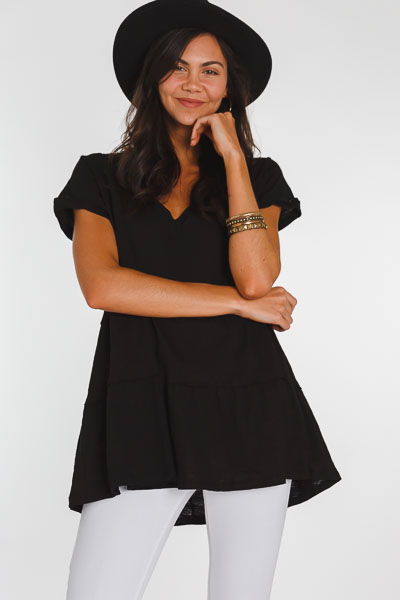 Cotton Tiered V Neck, Black