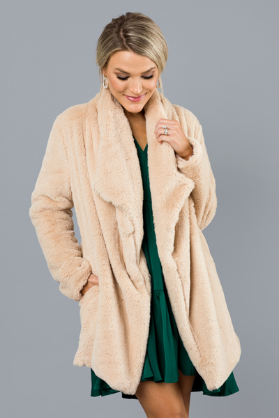 Open Front Fur Coat, Almond