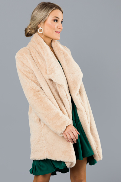 Open Front Fur Coat, Almond