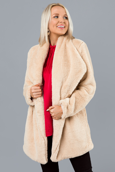 Open Front Fur Coat, Almond