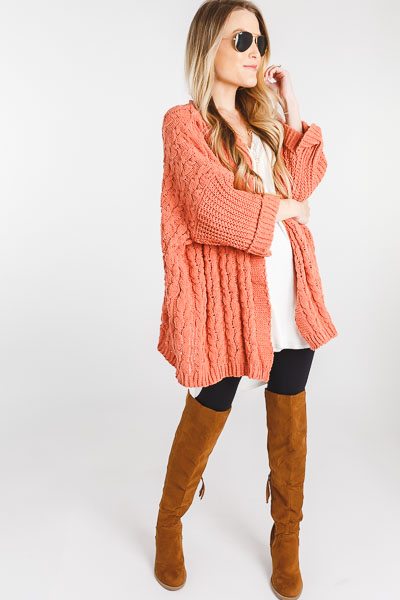 Cuffed Cable Knit Cardi, Clay