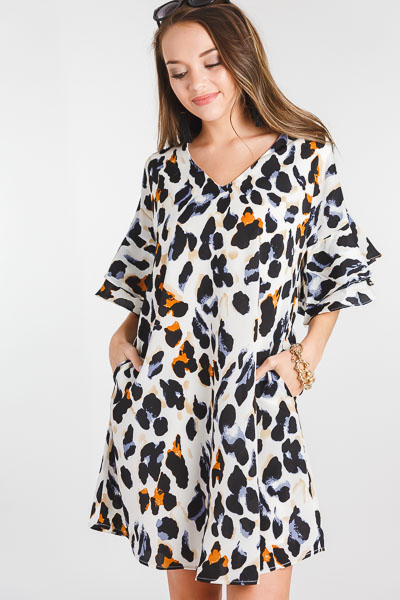 Cheetah Flare Sleeve Dress, Cream