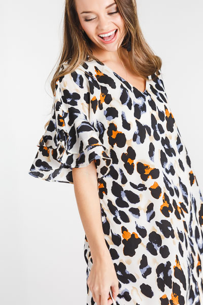 Cheetah Flare Sleeve Dress, Cream