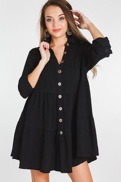 Tiered Button Dress, Black
