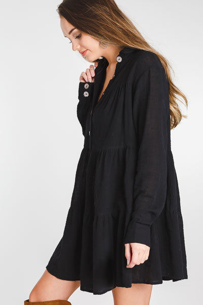 Tiered Button Dress, Black