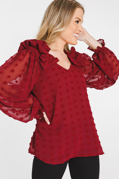 Ruffle Shoulder Swiss Top, Burgundy - 3/4 & Long Sleeve - Tops - The ...