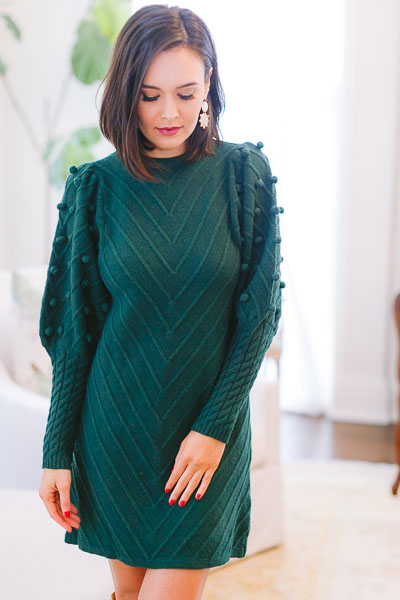 Pom Pom Sweater Dress, Green