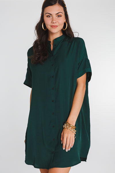 Satin Button Front Dress, Green