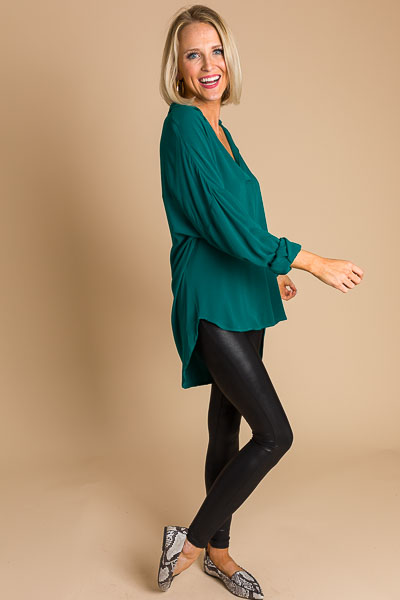 Pleated V Woven Blouse, Green