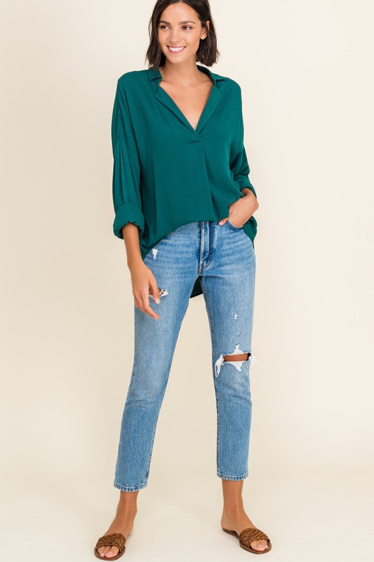 Pleated V Woven Blouse, Green