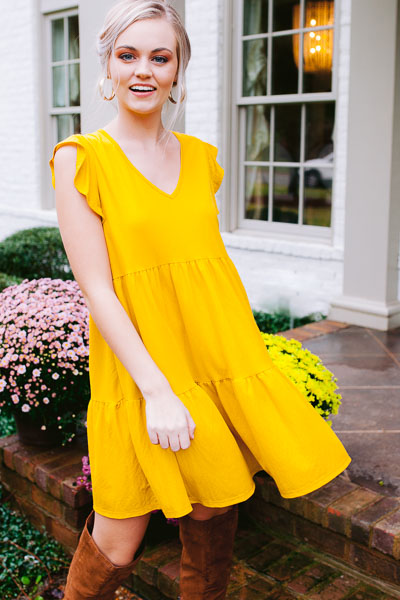 Tiered Flutter Dress, Mustard