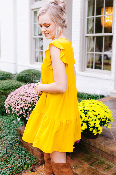 Tiered Flutter Dress, Mustard