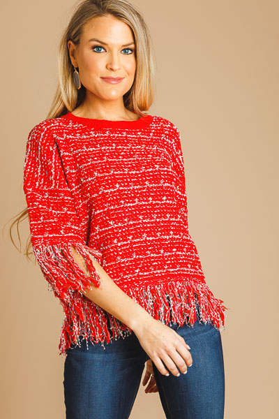 Fringe Tweed Sweater, Red