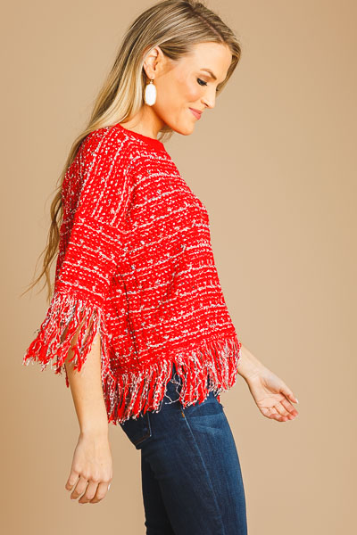 Fringe Tweed Sweater, Red