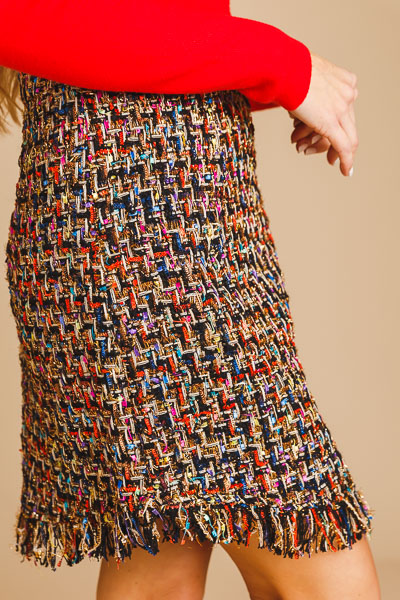 Metallic Fringe Tweed Skirt
