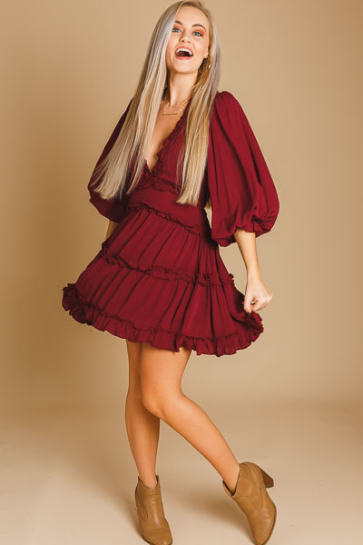 One Look Ruffle Dress, Burgundy