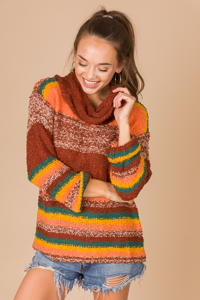Cowl Stripe Fuzzy Sweater, Multi