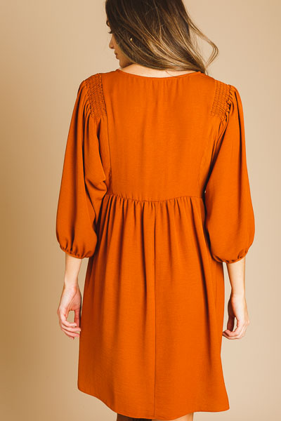 Smocked Shoulder Dress, Rust