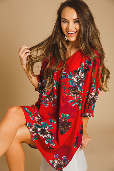 Floral V Dress, Red Mix