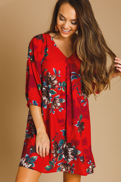 Floral V Dress, Red Mix - SALE - The Blue Door Boutique