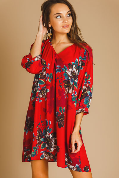 Floral V Dress, Red Mix - SALE - The Blue Door Boutique