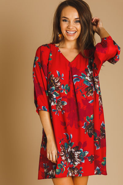 Floral V Dress, Red Mix