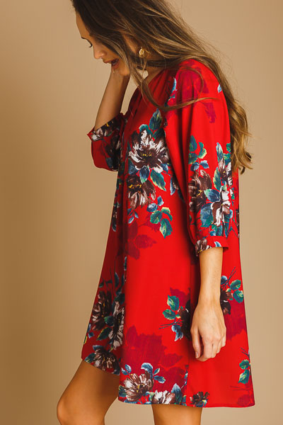 Floral V Dress, Red Mix