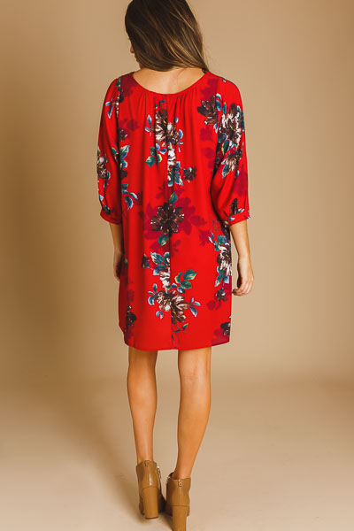 Floral V Dress, Red Mix