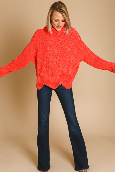 Scalloped Cable Chenille Turtleneck