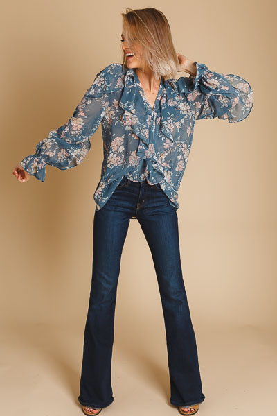 Ruffled Up Button Blouse, Blue