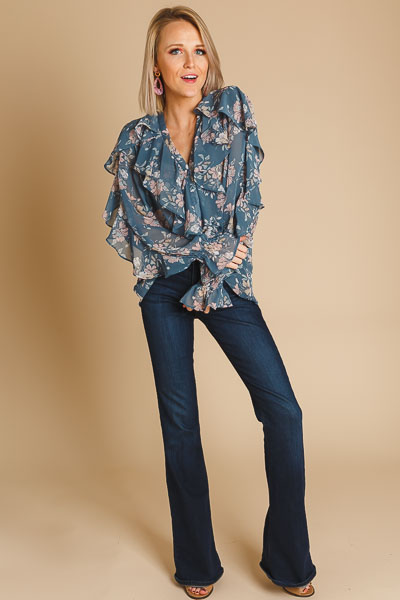 Ruffled Up Button Blouse, Blue