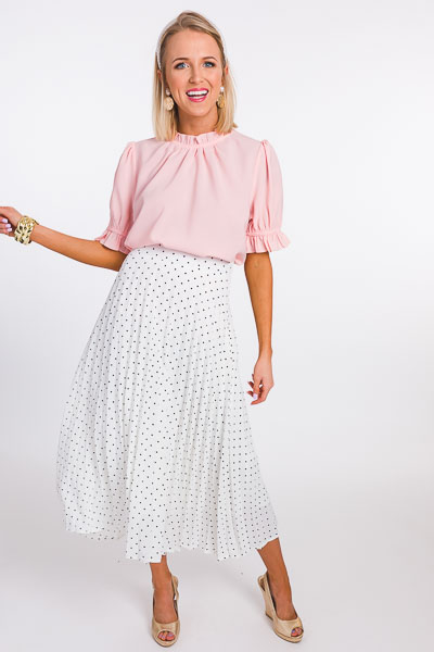 Pleated Dot Midi Skirt, Off White