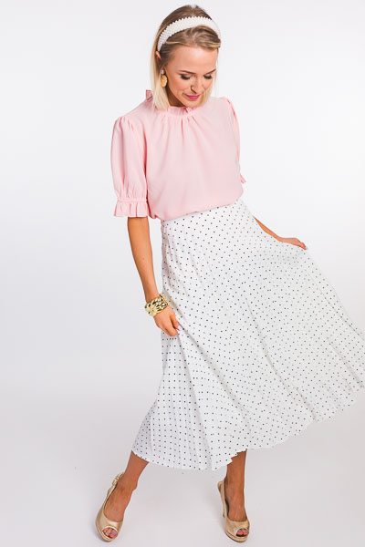 Pleated Dot Midi Skirt, Off White