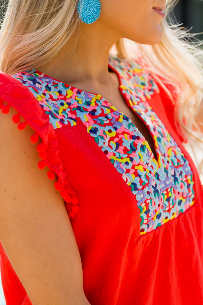 Embroidered Pom Pom Dress, Coral