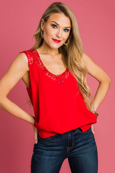 Lace Trim Tank, Red