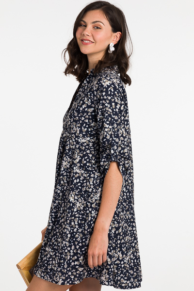 Collared Floral Dress, Navy