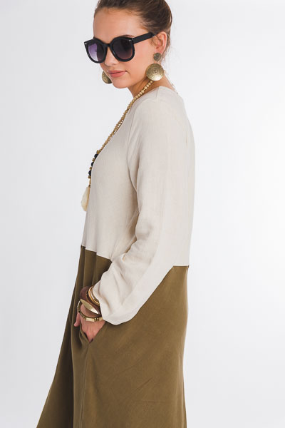 Two Tone Linen Maxi, Olive