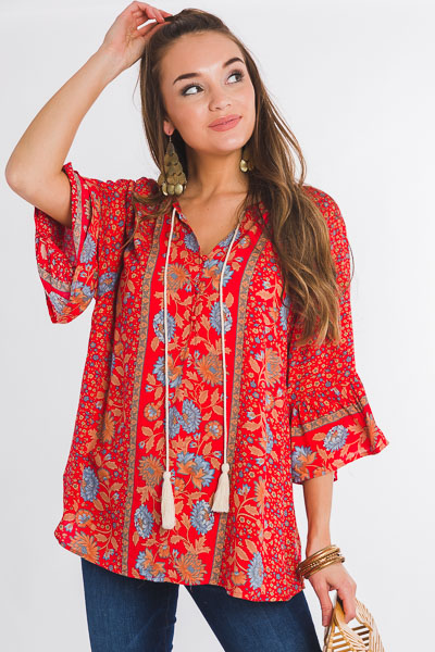 Mixed Print Blouse, Red