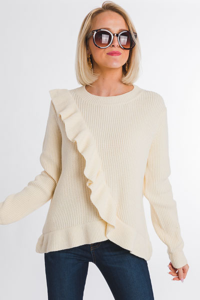 Ruffle Front Sweater, Ivory