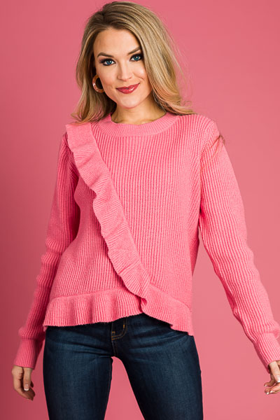 Ruffle Front Sweater, Pink