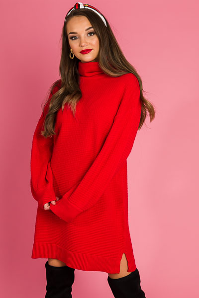 Turtleneck Sweater Dress, Red