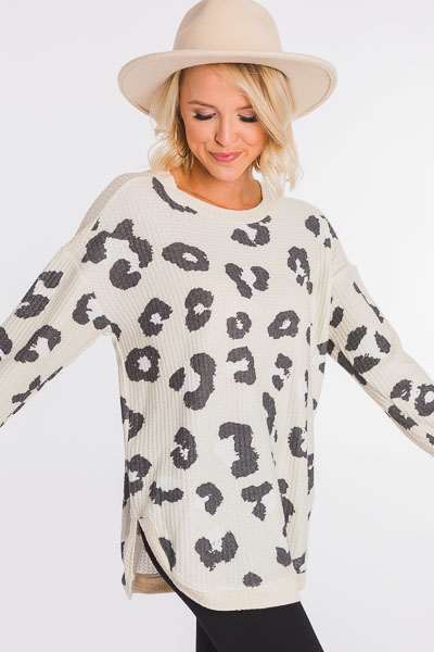 Brushed Waffle Leopard Top, Taupe