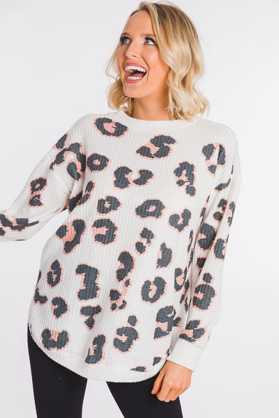 Brushed Waffle Leopard Top, White
