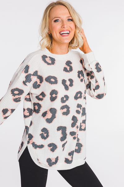 Brushed Waffle Leopard Top, White