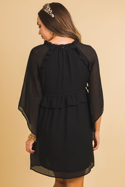 Angel Sleeve Ruffle Dress, Black