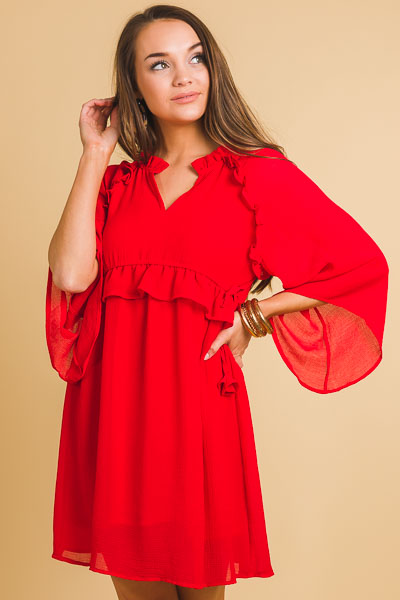 Angel Sleeve Ruffle Dress, Red